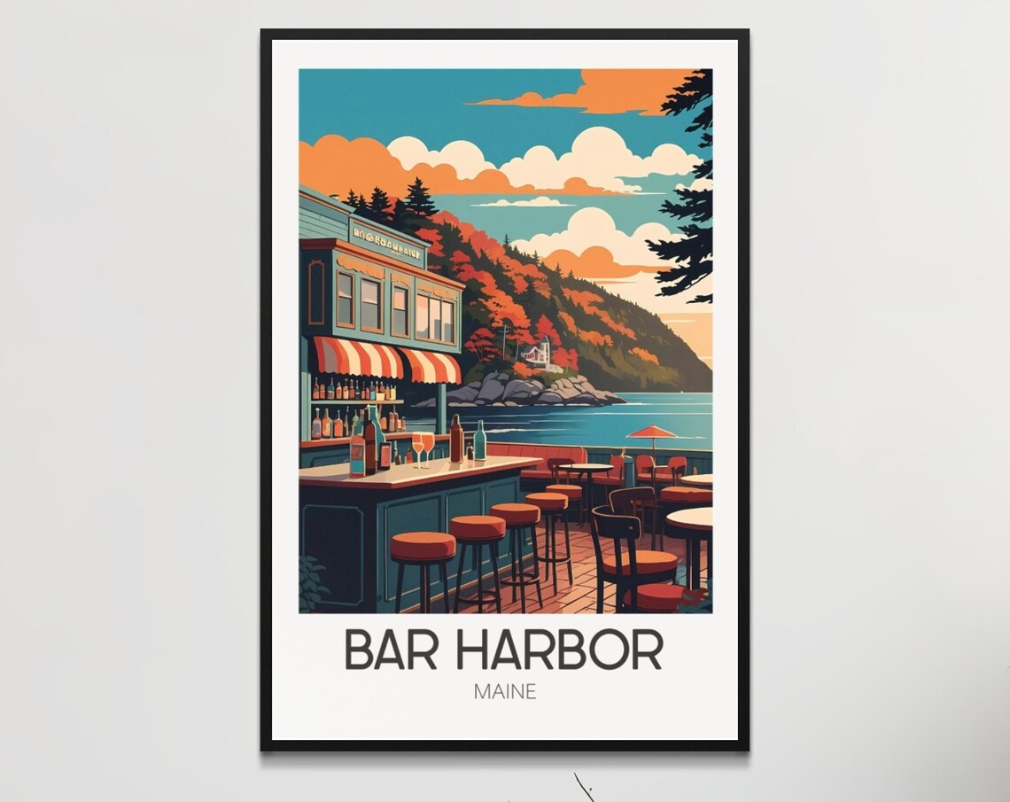 Bar Harbor Maine Waterfront Bar Autumn Coast Vintage Travel Poster