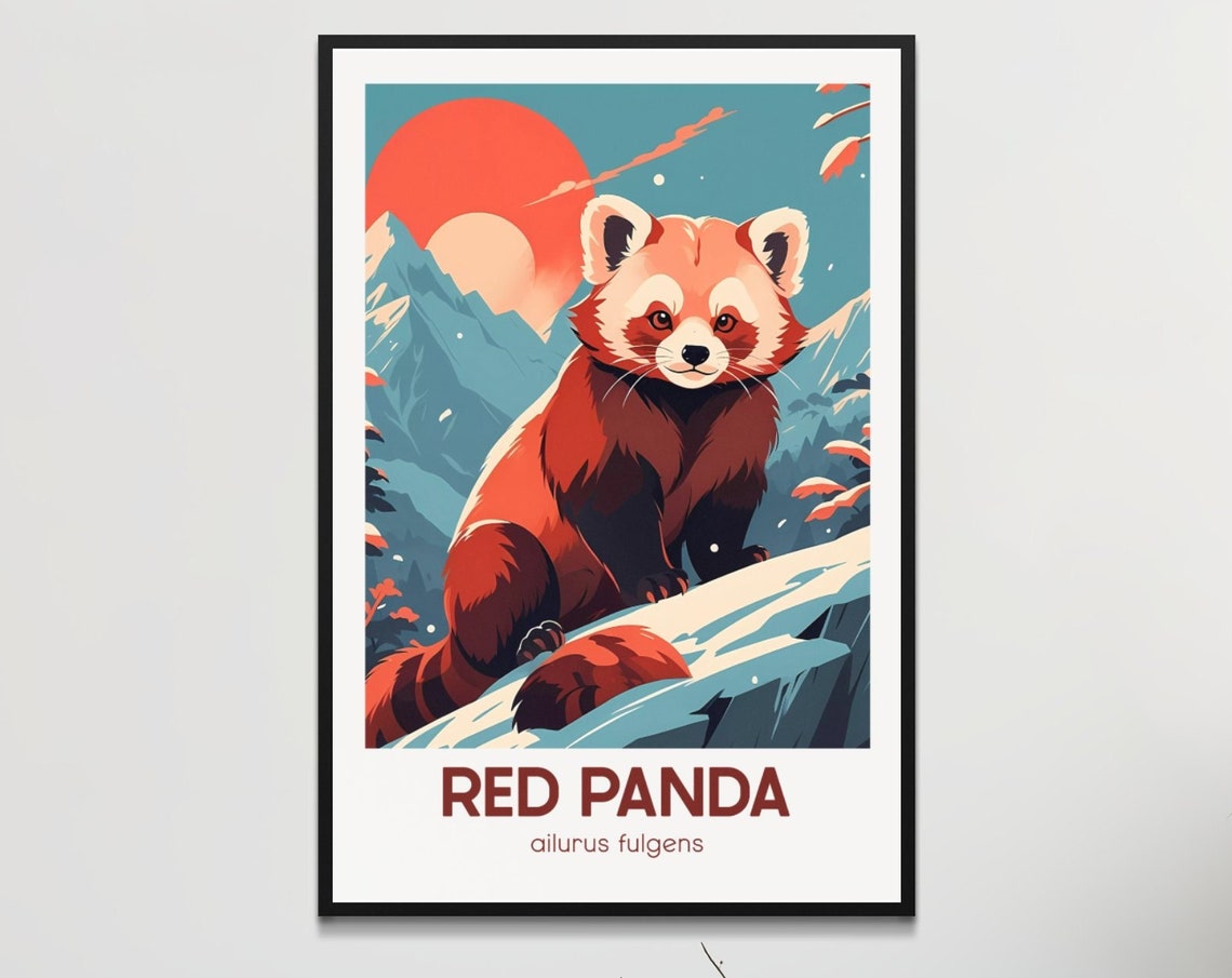 Adorable Red Panda Snowy Mountains Retro Wildlife Art Poster