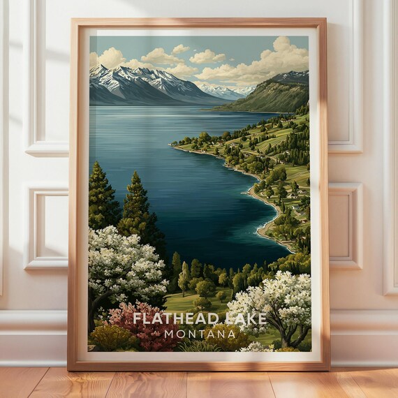 Flathead Lake Montana Snowcapped Mountains Vintage Travel Poster