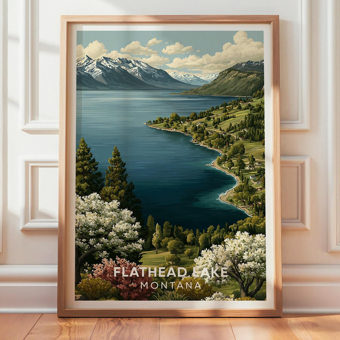 Flathead Lake Montana Snowcapped Mountains Vintage Travel Poster
