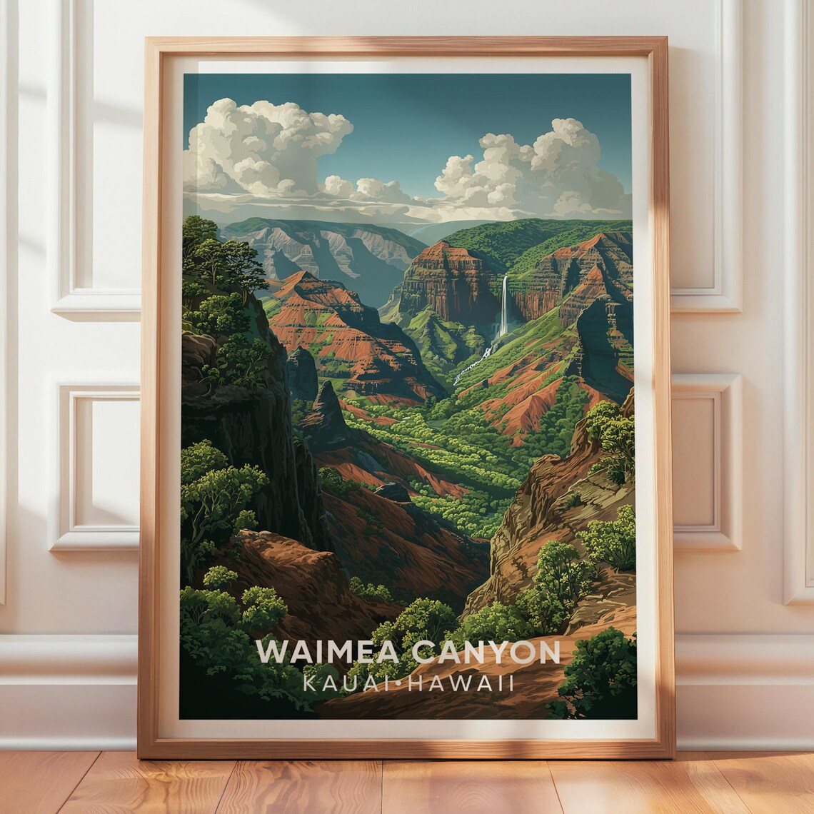 Waimea Canyon Kauai Hawaii Waterfall Vintage Travel Style Art Poster