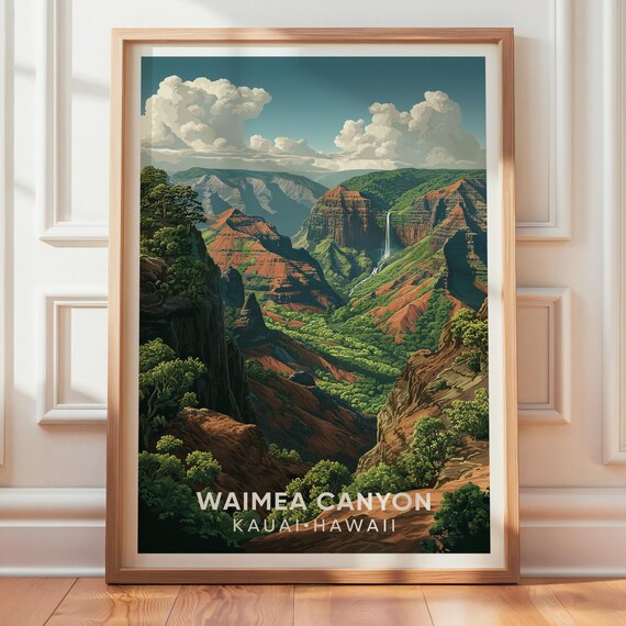 Waimea Canyon Kauai Hawaii Waterfall Vintage Travel Style Art Poster