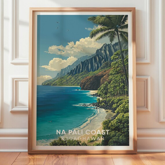 Na Pali Coast Kauai Hawaii Lush Cliffs Vintage Travel Poster