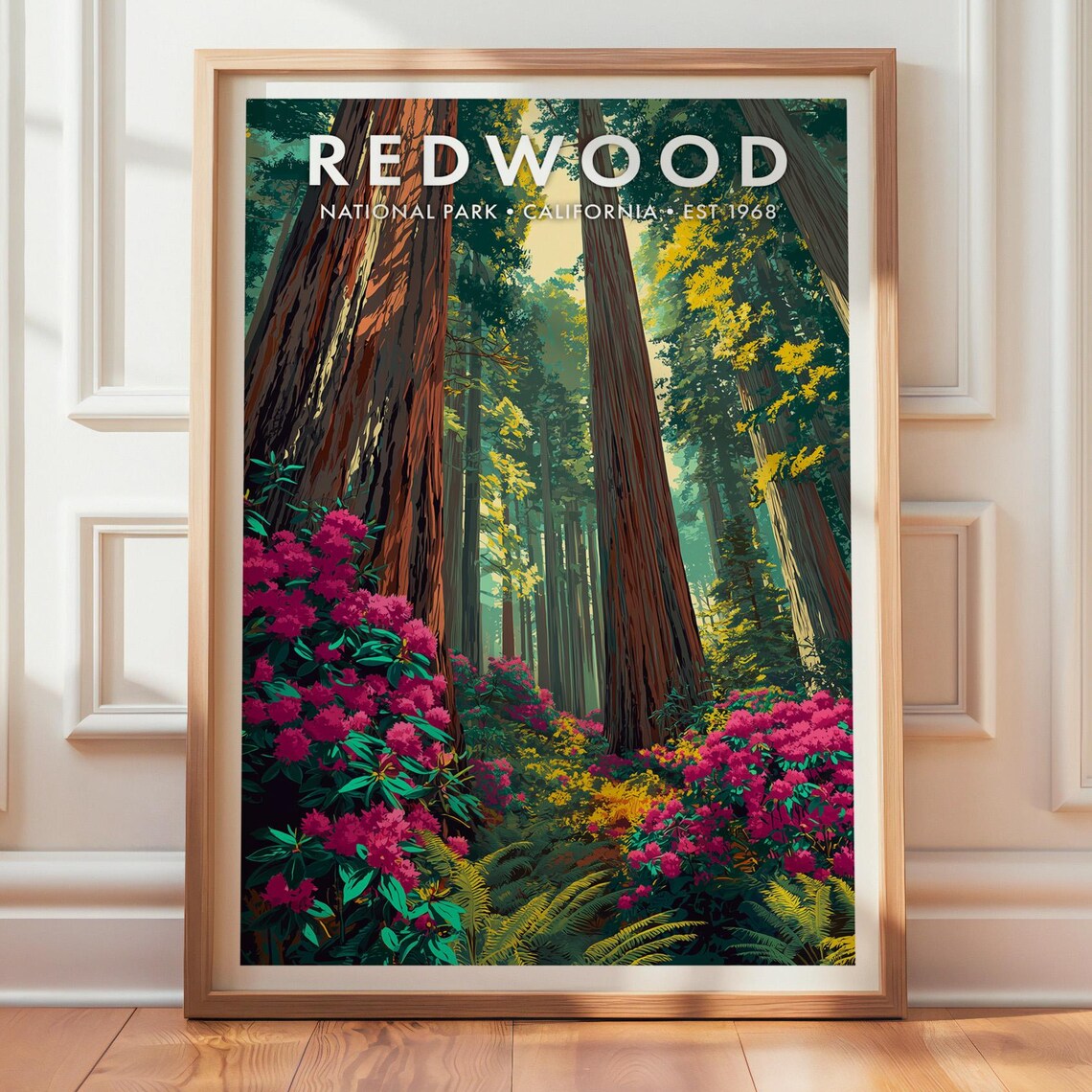 Redwood National Park California Giant Trees Floral Travel Poster