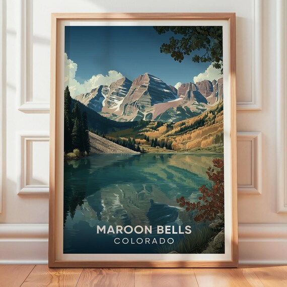 Maroon Bells Colorado Mountain Lake Reflection Vintage Travel Poster