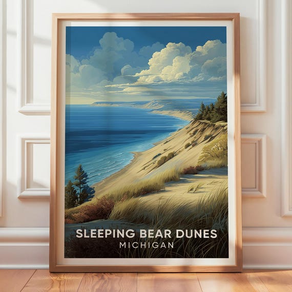 Sleeping Bear Dunes Wall Art Vintage Travel Poster Michigan Nature Landscape