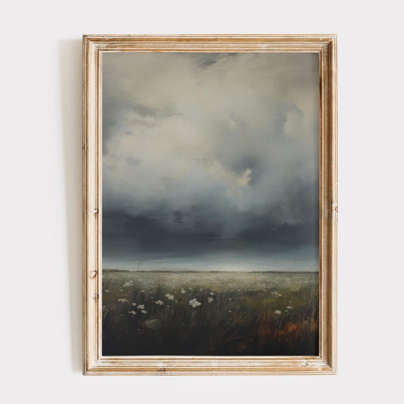 Moody Landscape Art Print Cloudy Sky Painting Thunderstorm Prints Wildflower Field Rustic Wall Art Cottagecore Decor