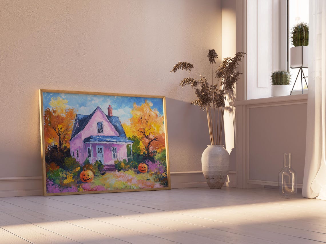 Pink Haunted Cottage with Jack O Lanterns in Fall Painting Poster - Image 3