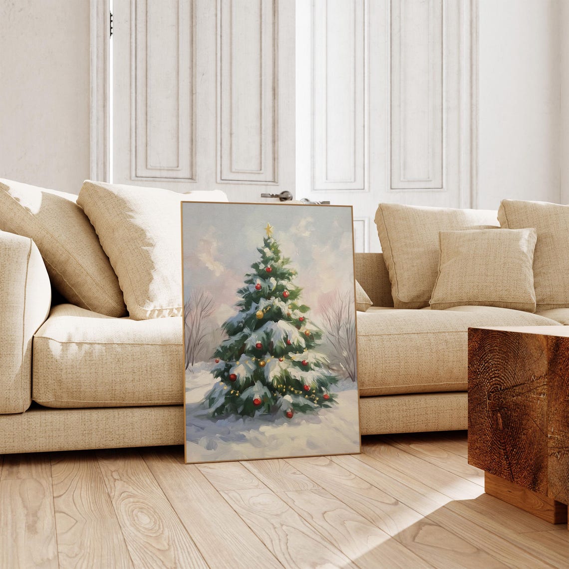 Vintage Snowy Christmas Tree in a Winter Landscape Painting Poster - Image 3