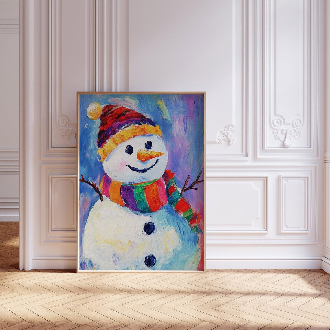 Cheerful Colorful Snowman Painting Rainbow Winter Holiday Poster - Image 3