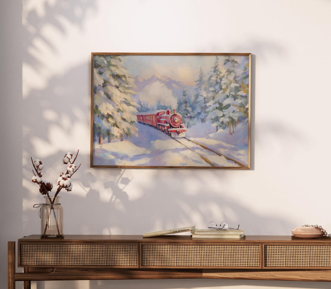 Christmas Train Red Steam Engine Snowy Pine Forest Holiday Art Poster - Image 5