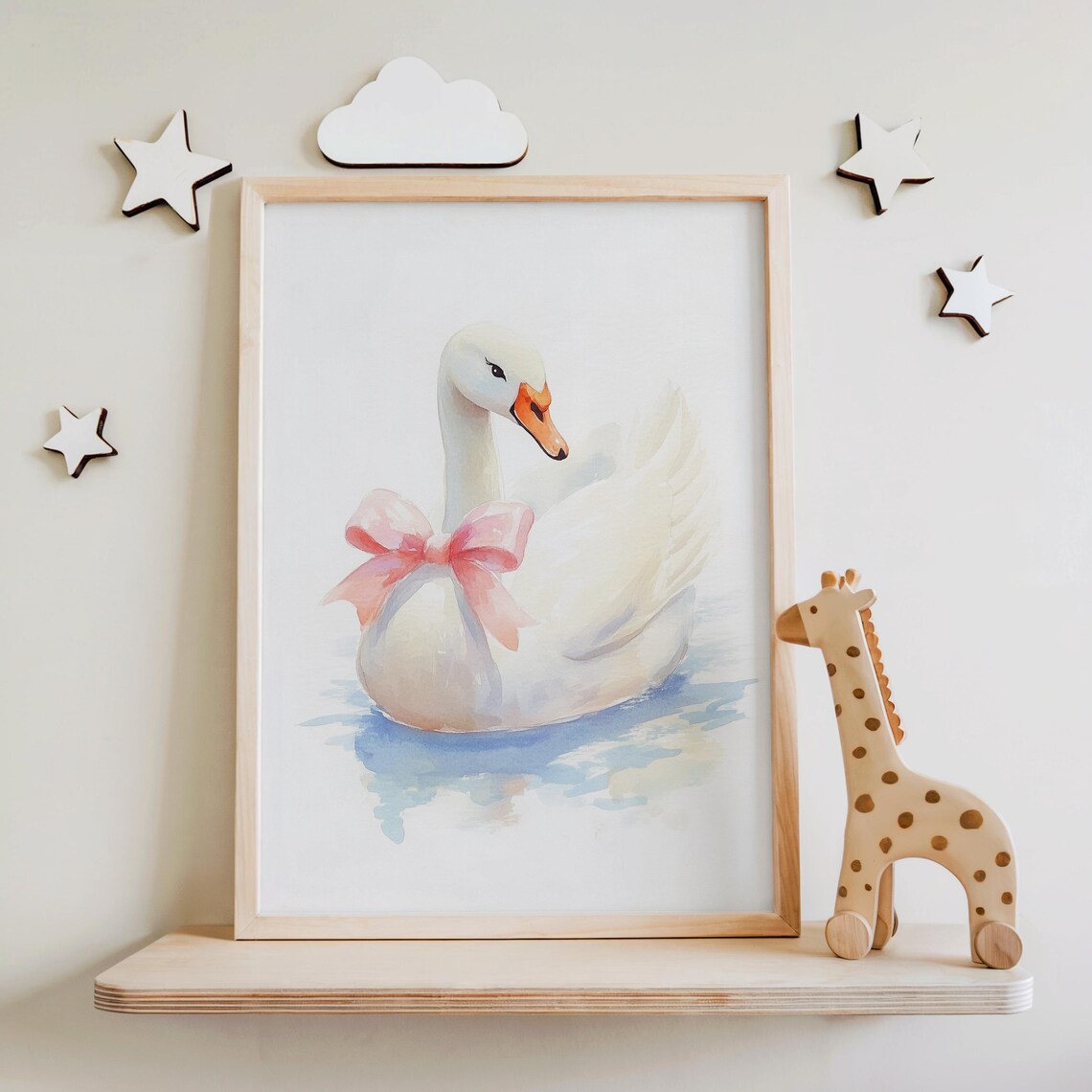 Nursery Swan With Bow Watercolor Painting Kids Room Girly Decor Poster - Image 3