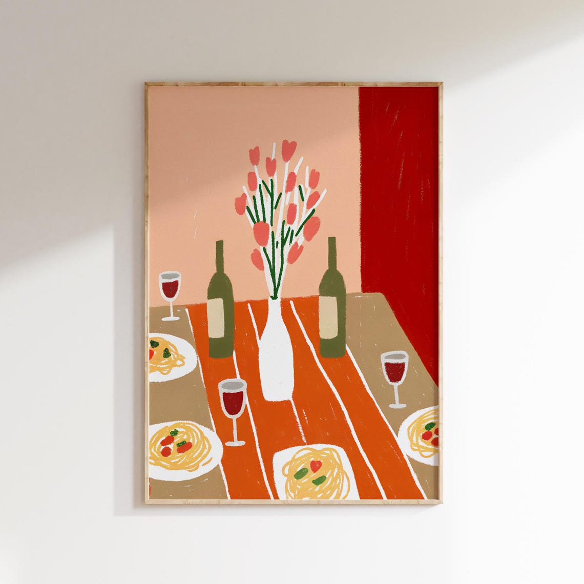 Hand Drawn Dinner Table Pasta Wine Bottles Italian Kitchen Wall Art