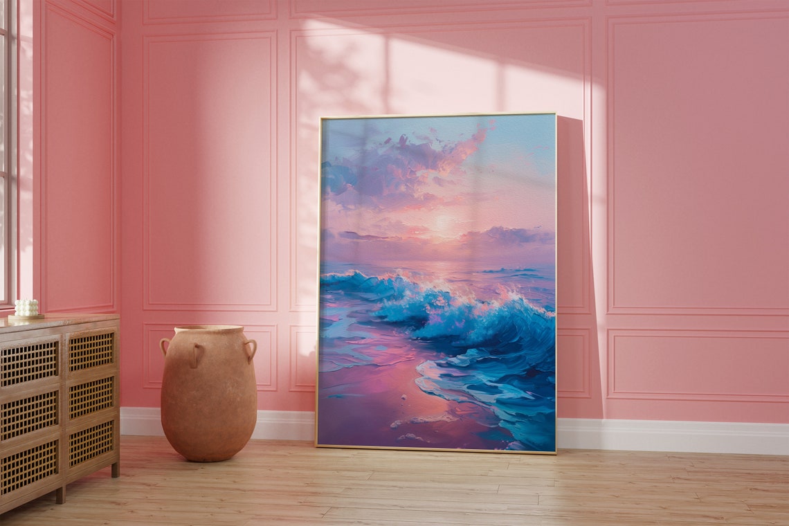 Pastel Pink Sunset Ocean Waves Impressionist Beach Painting Poster - Image 5