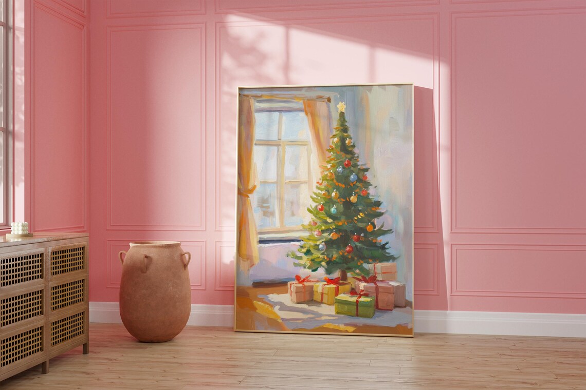 Pastel Christmas Tree With Gifts By Window Oil Painting Holiday Poster - Image 4