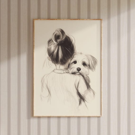 Girl and Dog Nursery Sketch Art Print