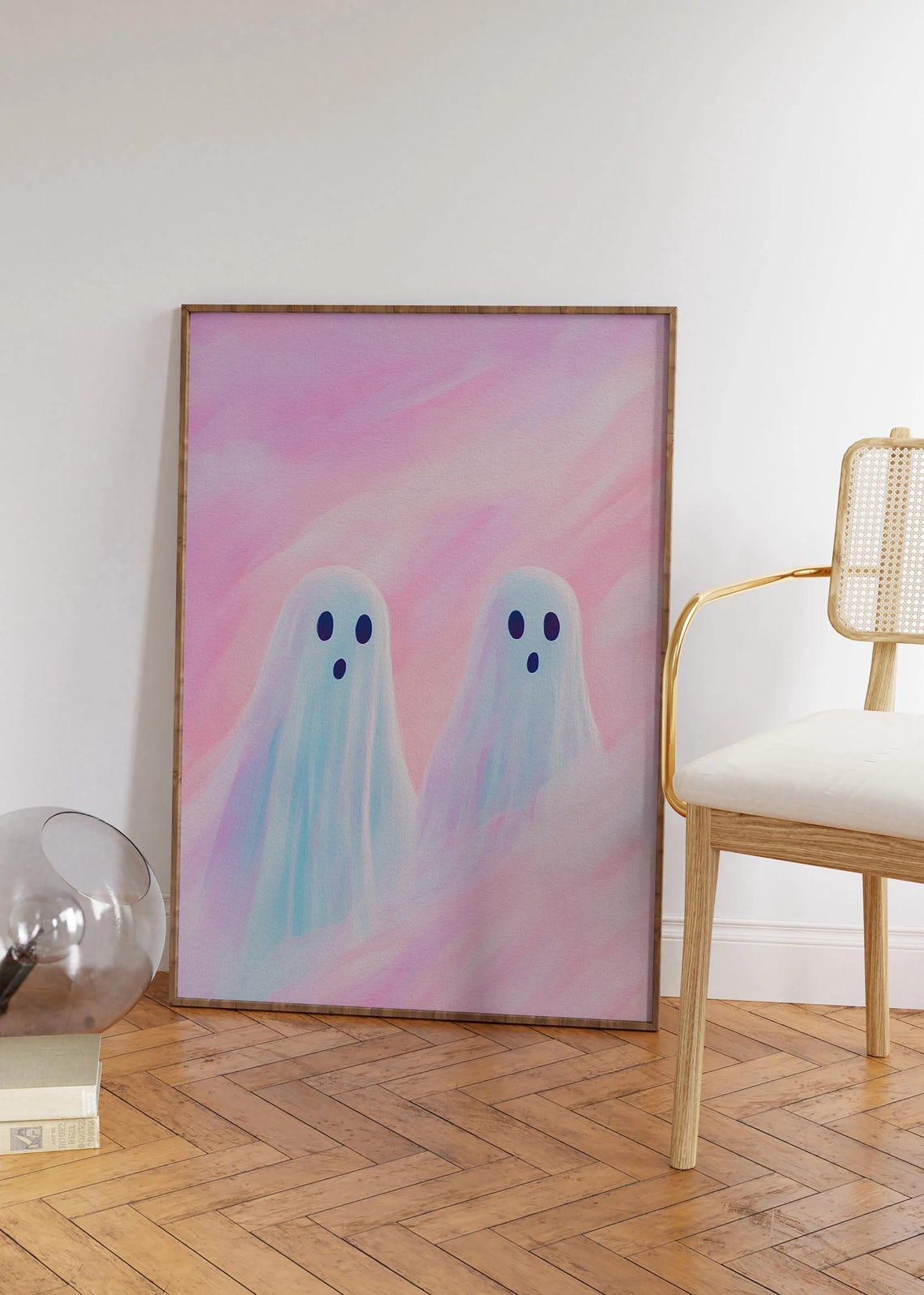 Soft Pastel Pink Ghosts Pair Cute Halloween Watercolor Art Print - Image 3