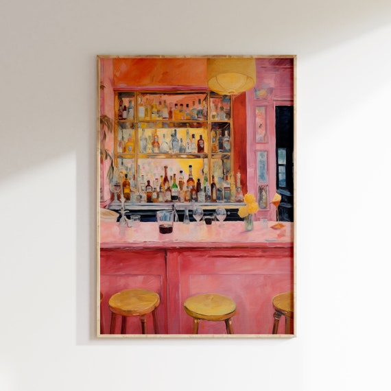 Charming Pink Bar Cart Oil Painting Y2k Wall Art With Preppy Themes
