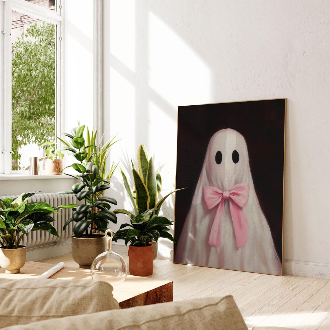 Cute Ghost with a Pink Bow on a Dark Background Painting Poster - Image 3
