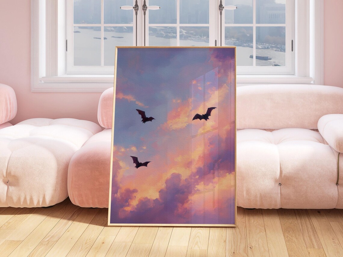 Bats Flying in a Pastel Sky, Pink Halloween Art Print - Image 5