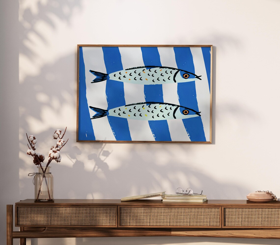 Hand Drawn Sardines on Blue Stripes Mediterranean Kitchen Wall Art Poster - Image 2
