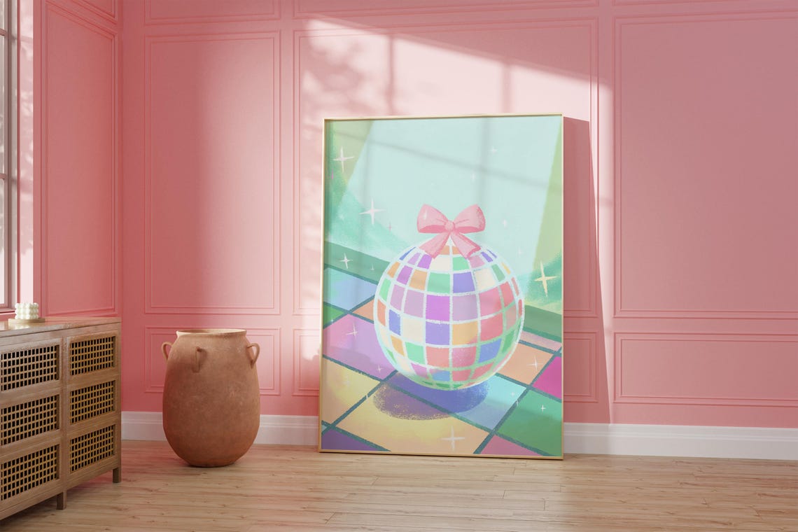 Pastel Rainbow Disco Ball with Pink Bow Retro Dance Floor Poster - Image 4