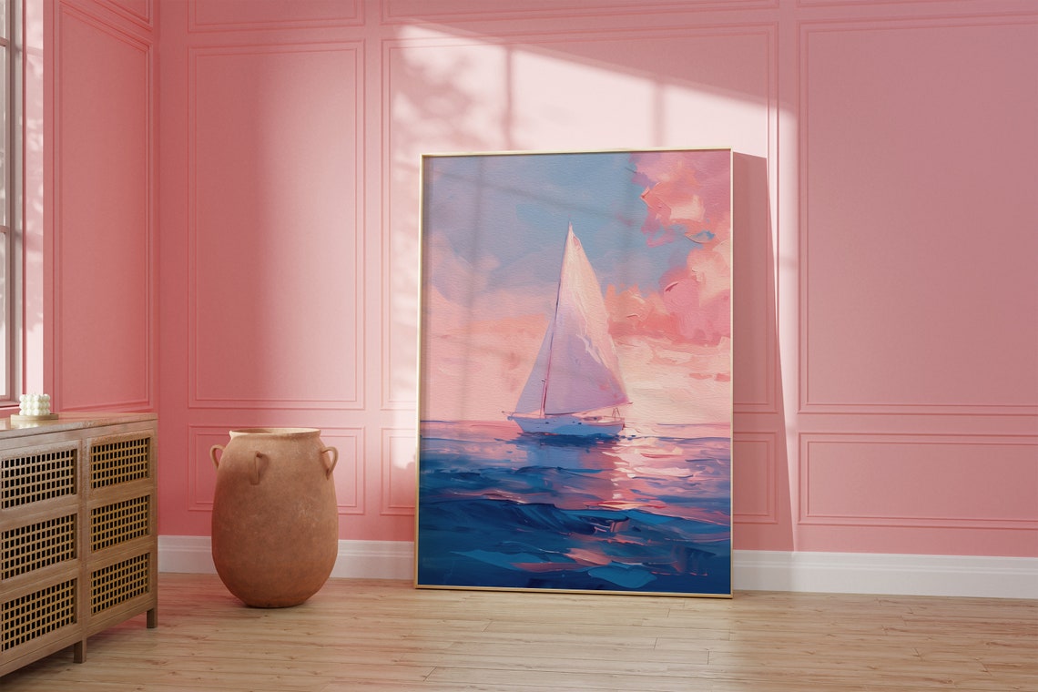 Pink Sunset Sailboat Oil Painting Coastal Beach House Decor Poster - Image 5
