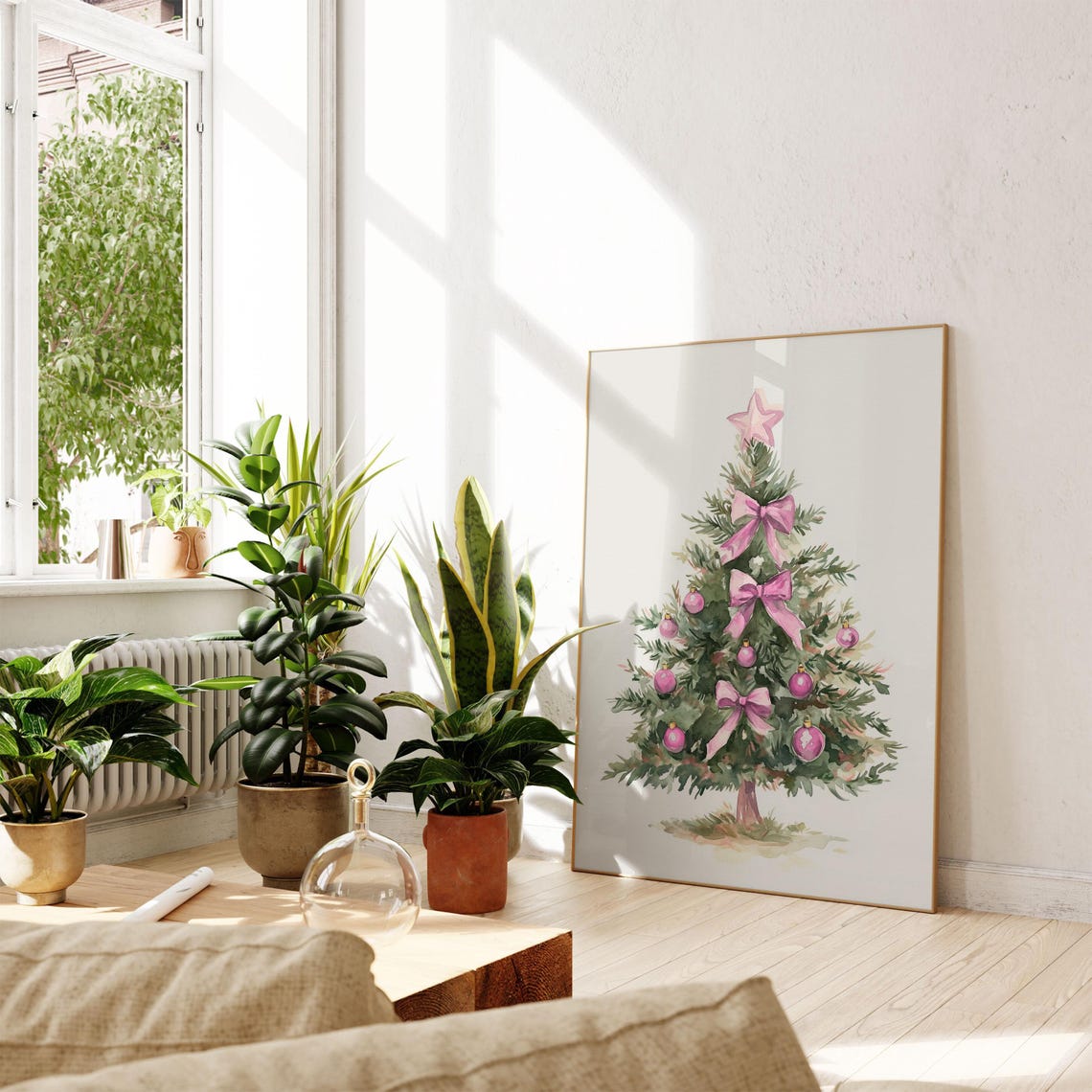 Pink Coquette Christmas Tree with Bows and Ornaments Painting Poster - Image 2