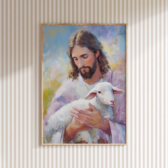 Colorful Jesus Holding Lamb Print Kids Nursery Wall Decor Lds Art Bible Prints Christian Children Room Art Newborn Baby Art