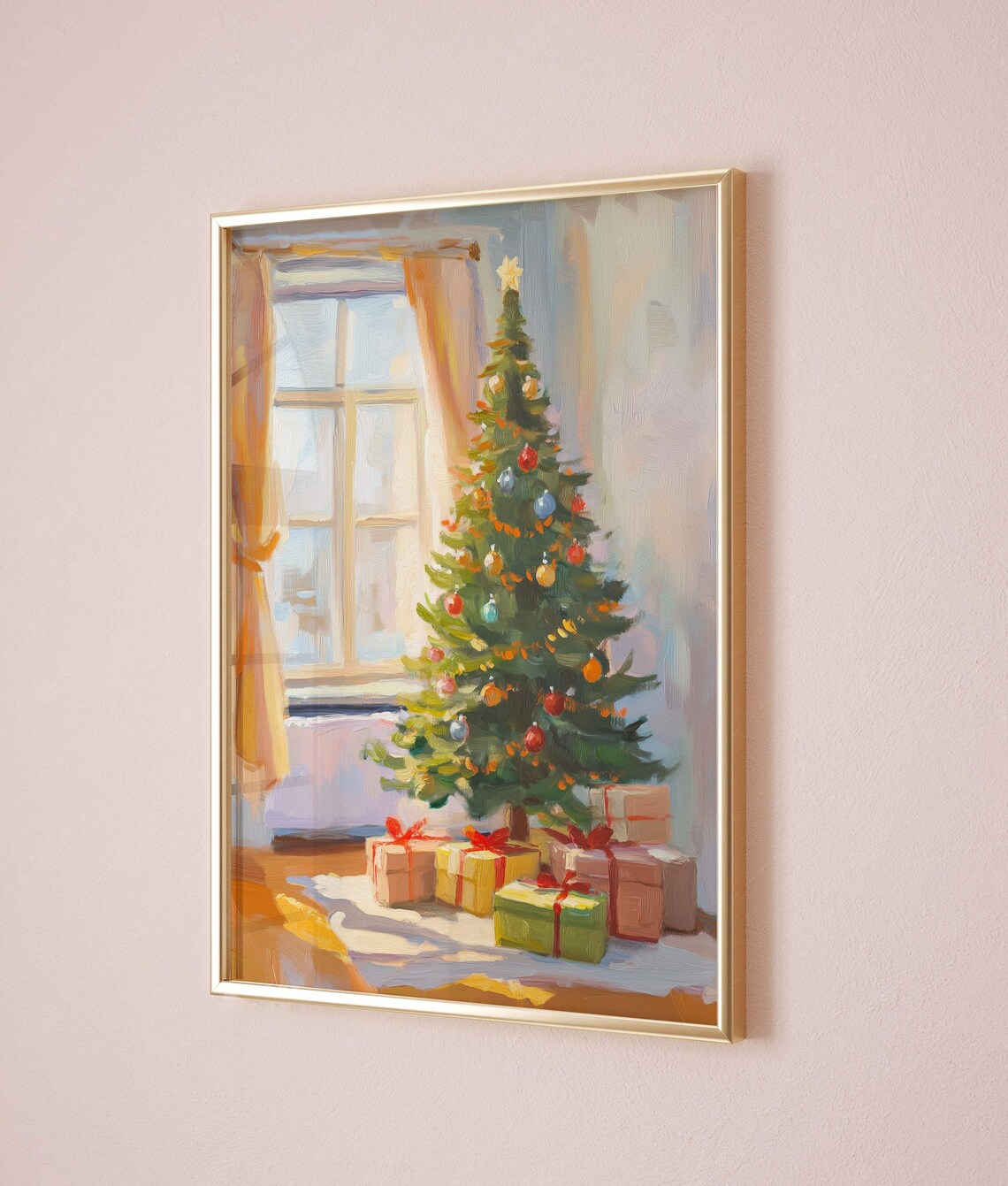 Pastel Christmas Tree With Gifts By Window Oil Painting Holiday Poster - Image 3