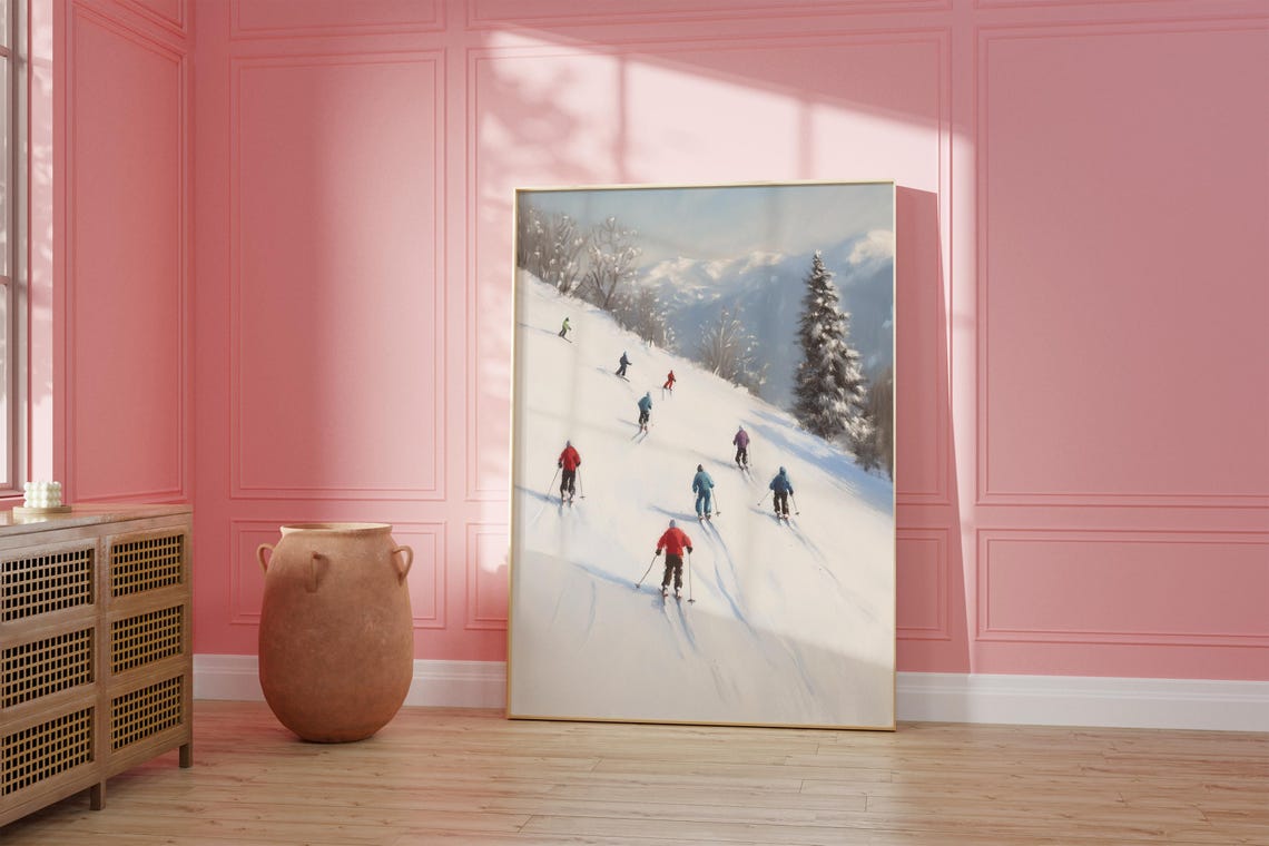 Tiny Skiers Gliding Down a Snowy Mountain Slope Painting Poster - Image 3