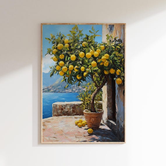 Vintage Lemon Oil Painting Farmhouse Decor Italian Mediterranean Decor Vintage Kitchen Decor Fruit Wall Art