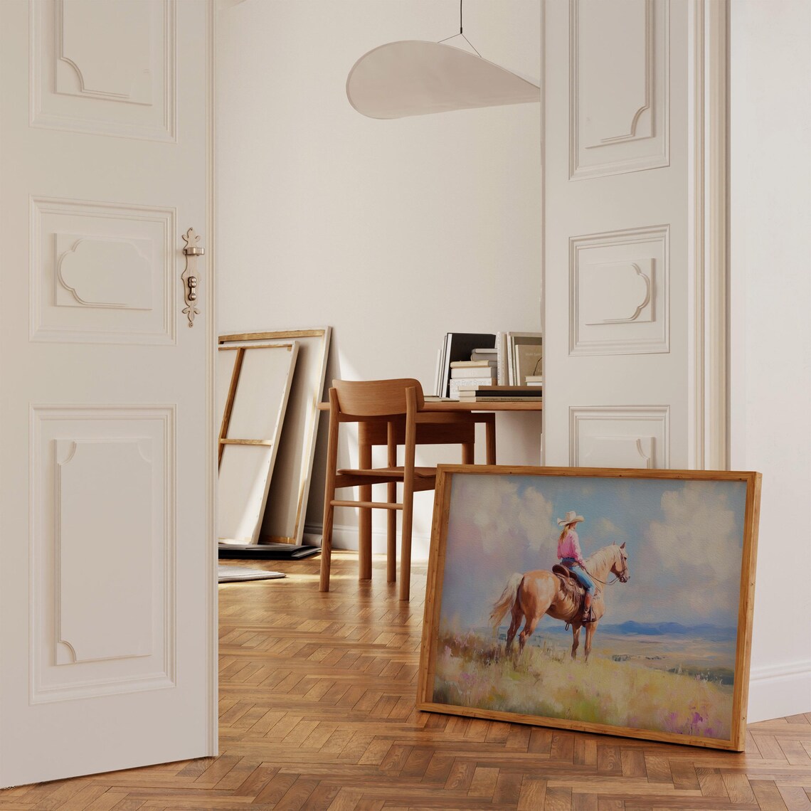 Cowgirl Riding a Palomino Horse Across a Sunny Prairie Poster - Image 3