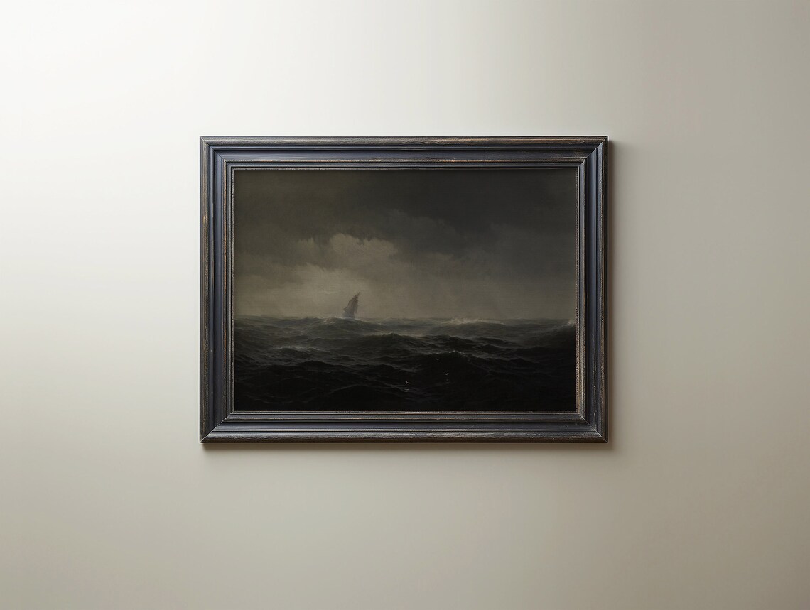 Moody Dark Stormy Seascape Antique Tall Ship Oil Painting Poster - Image 3