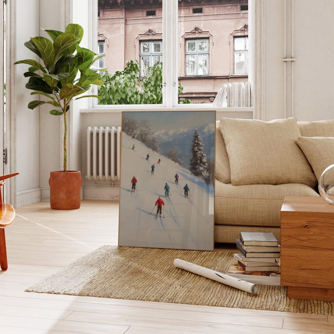 Tiny Skiers Gliding Down a Snowy Mountain Slope Painting Poster - Image 5