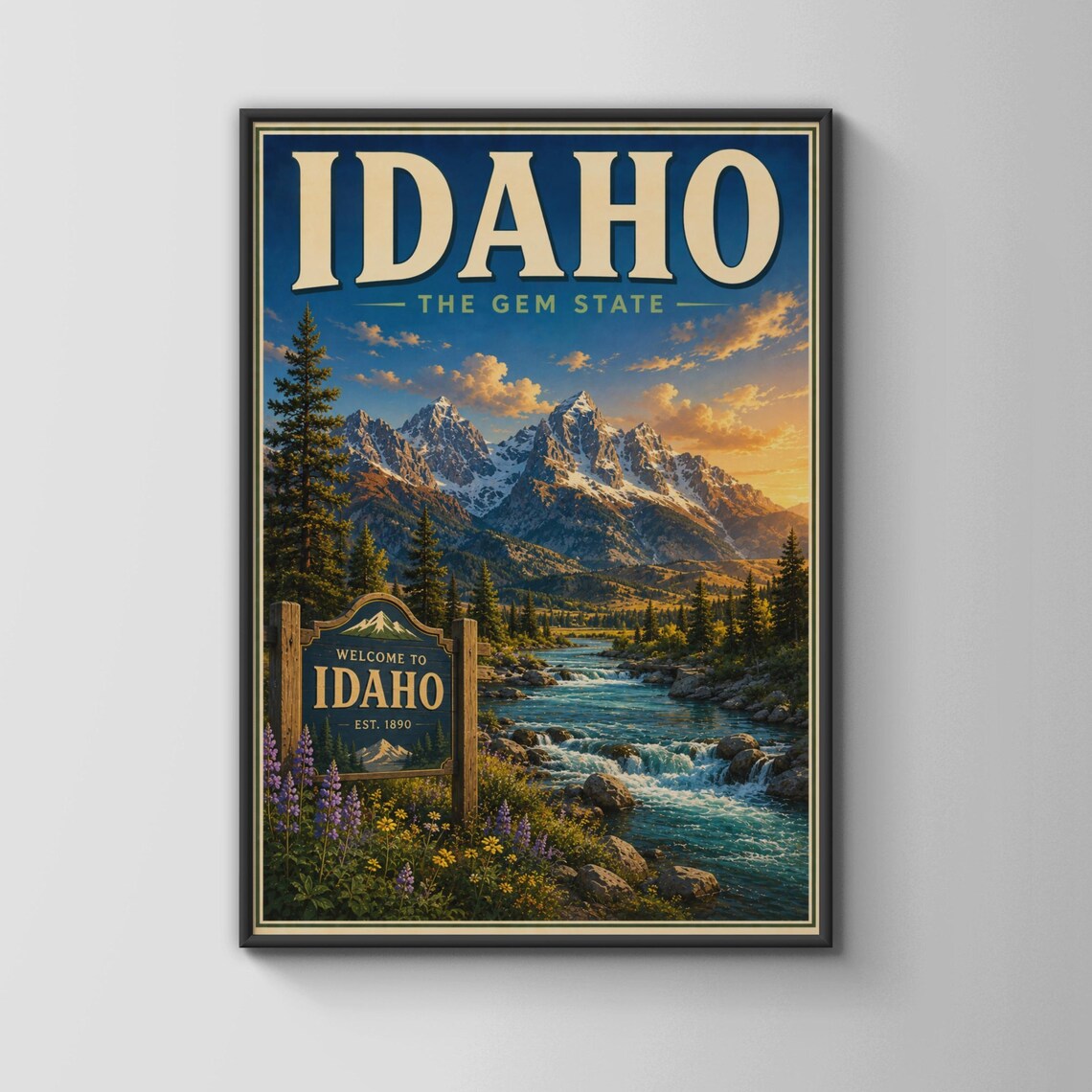 Idaho The Gem State Vintage Travel Mountain River Welcome Sign Poster