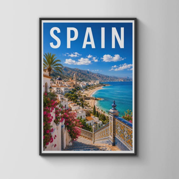Spain Travel Poster Mediterranean Coastal Wall Art Andalusia Print Spanish Village Decor