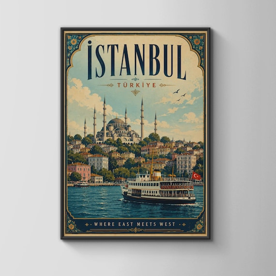Istanbul Turkiye Mosque Ferry Vintage Travel Scene Style Art Poster