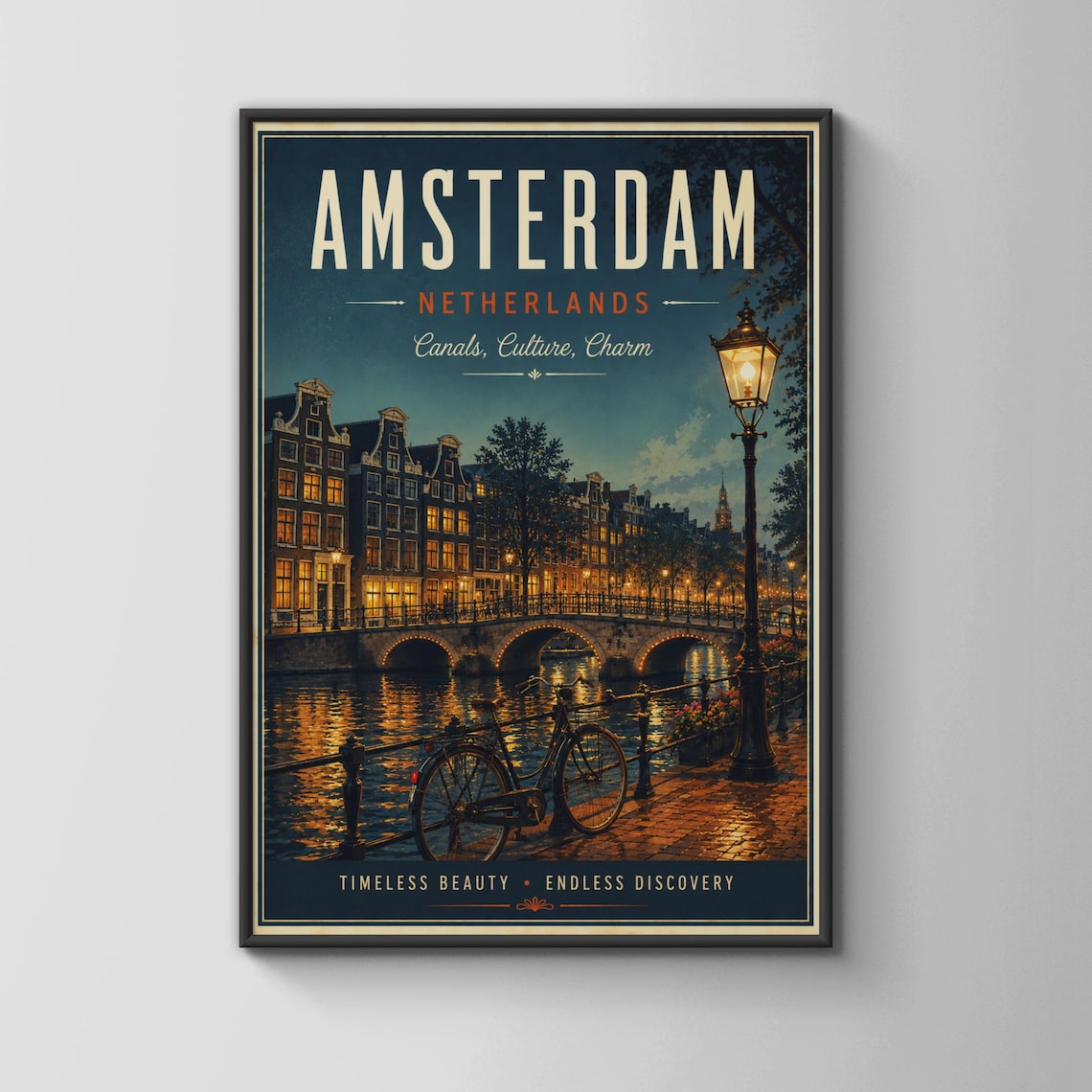 Amsterdam Netherlands Vintage Travel Poster Night Canals Bicycles Bridge Lights