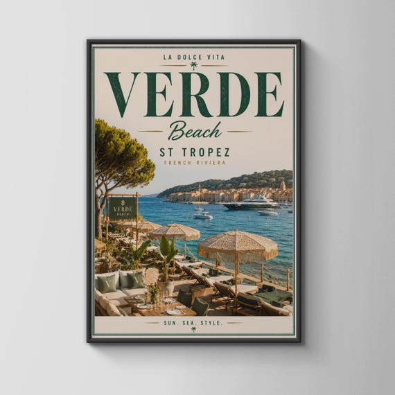 St Tropez Beach Wall Art Verde Print French Riviera Decor Sun Sea Style Poster