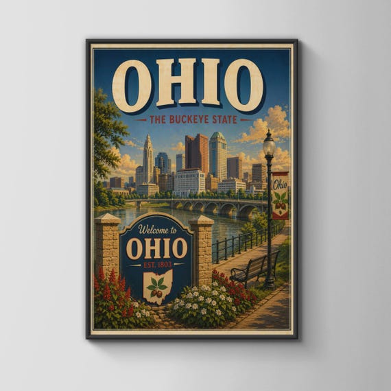 Ohio Poster Buckeye State Vintage Travel Art Columbus Skyline Wall Decor Print