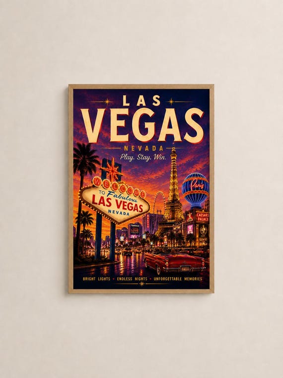 Las Vegas Travel Poster Vintage Nevada Wall Art Retro Skyline Print