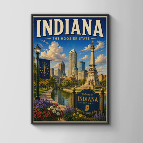Indiana Travel Poster Hoosier State Wall Art Indianapolis Skyline Print Retro Usa