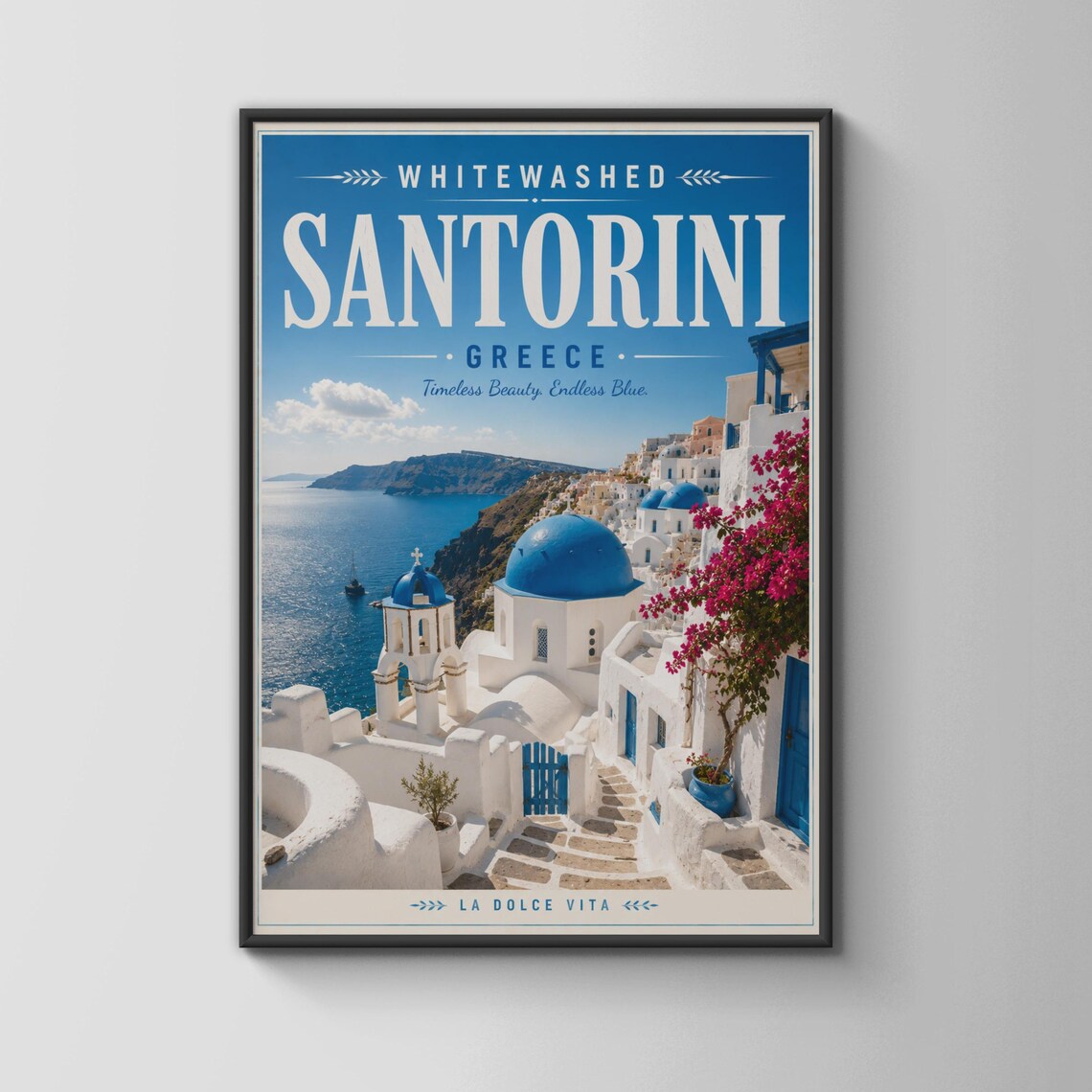 Whitewashed Santorini Print, Greece Travel Poster