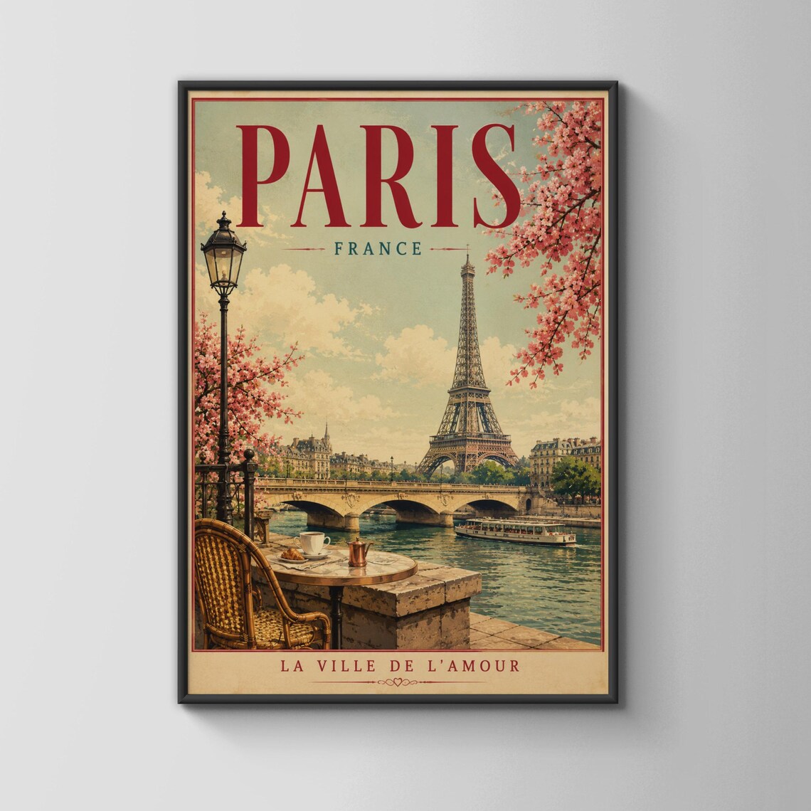 Paris France Cherry Blossom Cafe Seine Vintage Travel Style Poster