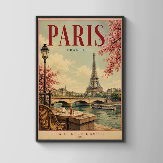 Paris France Cherry Blossom Cafe Seine Vintage Travel Style Poster