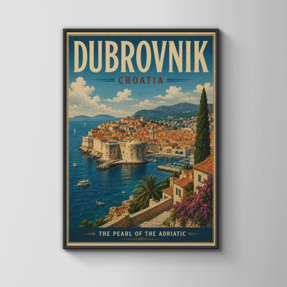Dubrovnik Croatia Vintage Travel Poster Adriatic Coast Wall Art Print Old Town