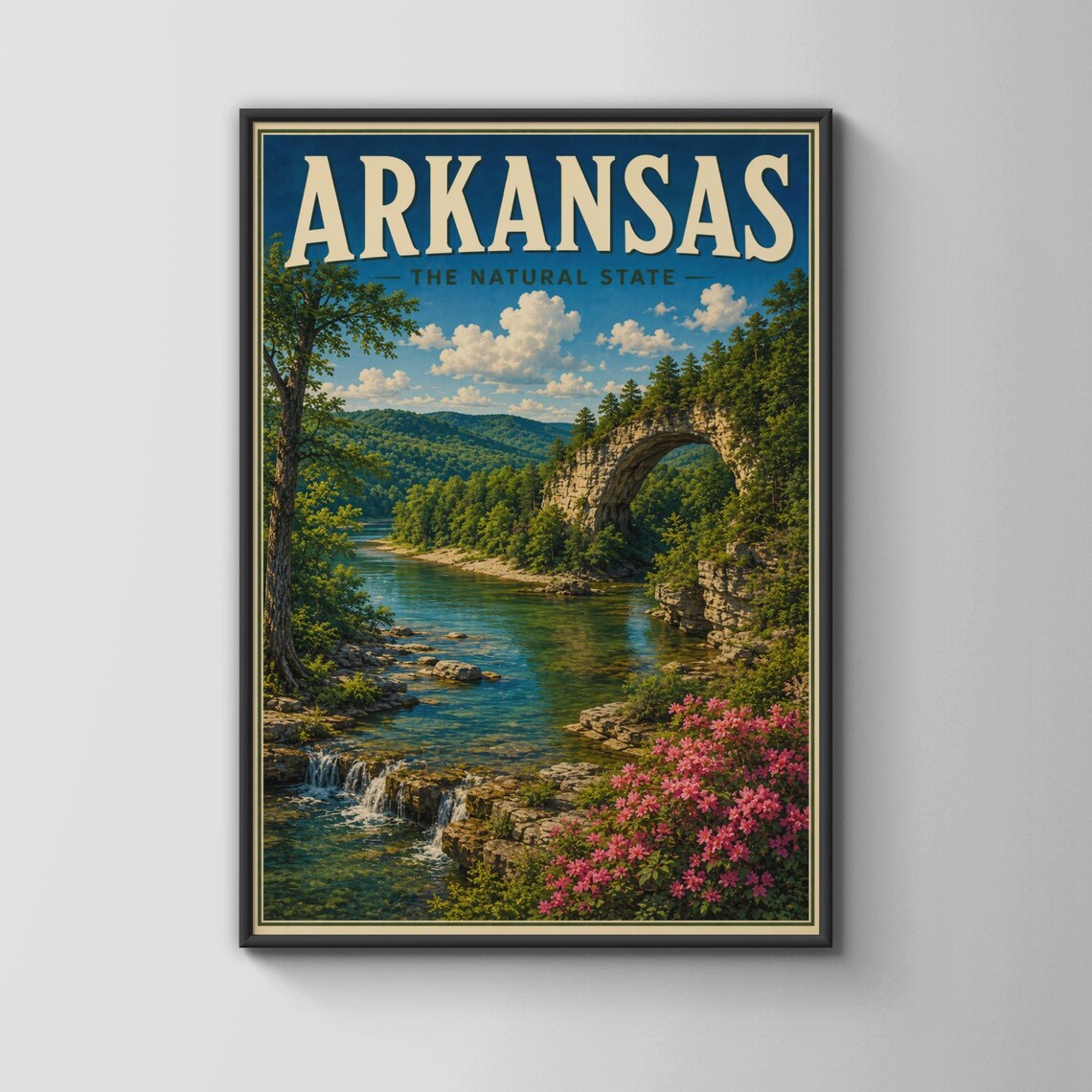 Arkansas The Natural State River Gorge Waterfall Vintage Travel Poster