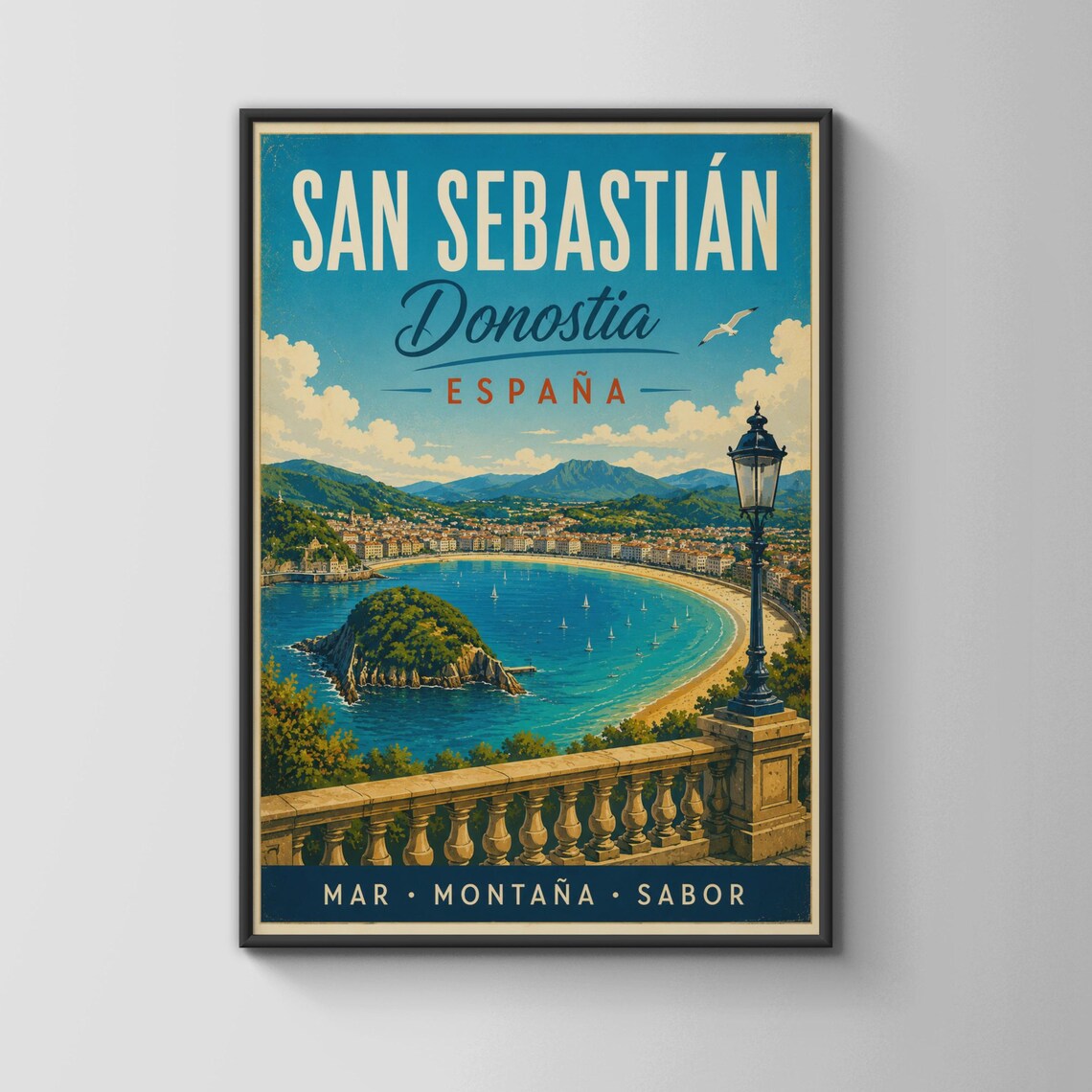 San Sebastian Donostia Spain Vintage Coastal Travel Poster Scenic Bay View