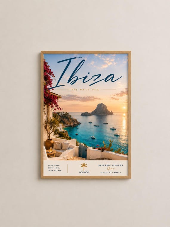 Ibiza Sunset Travel Poster White Isle Coastal Wall Art Mediterranean Decor